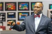  ?? STAFF PHOTO BY DOUG STRICKLAND ?? Hamilton County Schools superinten­dent candidate Bryan Johnson speaks to the public during a meet-and-greet in the Board of Education meeting room on Thursday.