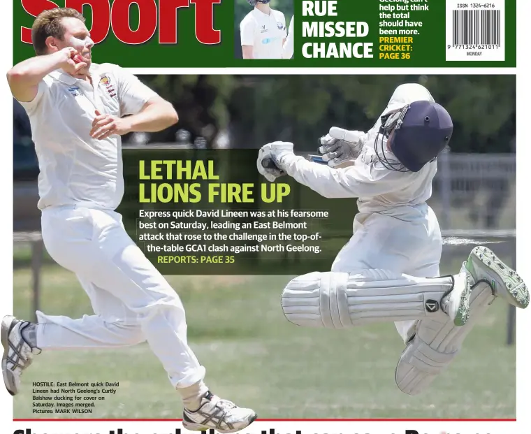  ?? Pictures: MARK WILSON ?? HOSTILE: East Belmont quick David Lineen had North Geelong’s Curtly Balshaw ducking for cover on Saturday. Images merged.