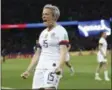  ?? FRANCISCO SECO - THE ASSOCIATED PRESS ?? United States’ Megan Rapinoe celebrates after scoring her side’s second goal during the Women’s World Cup quarterfin­al soccer match between France and the United States at the Parc des Princes, in Paris, Friday, June 28, 2019.