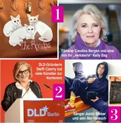  ??  ?? Filmstar Candice Bergen und eine von ihr „verkaterte“Kelly Bag DLD-Gründerin Steffi Czerny lud viele Künstler zur Konferenz Sänger Justin Bieber und sein Mal-Versuch