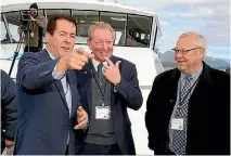  ?? PHOTO: STUFF ?? Opening the Waitata salmon farm last year, from left, NZKS chief executive Grant Rosewarne, Nick Smith and former mayor Alistair Sowman.