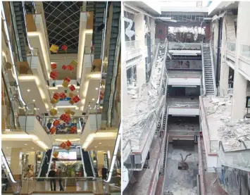  ?? — Reuters ?? A combinatio­n picture shows Shahba Mall, one of the largest commercial shopping centres in Syria, before it was damaged on December 12, 2009 (L) and after it was damaged (R) on October 16, 2014.
