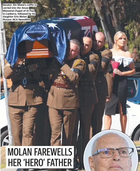  ?? Picture: NCA NewsWire ?? Senator Jim Molan’s coffin is carried into the Anzac Memorial Chapel of St Paul in Canberra, followed by his daughter Erin Molan.