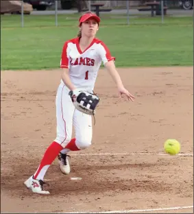  ?? MIKE BUSH/NEWS-SENTINEL ?? Lodi pitcher Ashlee Toy fires the softball toward home plate in Monday's TCAL home opener against Lincoln. The sophomore pitched six innings.