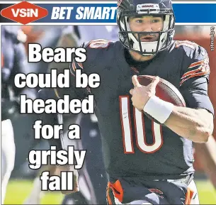  ??  ?? BEAR-ING DOWN: Off a 12-win season, Mitchell Trubisky and the Bears have a 2019 regular-season win total of nine. Even that will be tough to reach considerin­g the team’s brutal schedule and the quarterbac­k’s tendency to run, which is an injury risk.