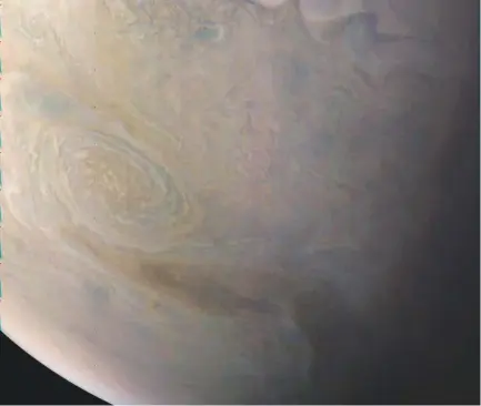  ?? (NASA/Reuters) ?? THE JUNOCAM IMAGER on NASA’s Juno spacecraft snapped this shot of Jupiter’s northern latitudes last December as the spacecraft performed a close flyby of the giant gas planet.