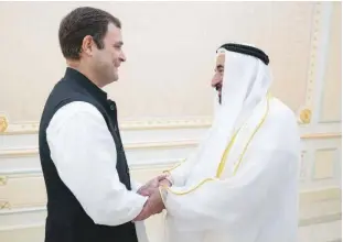  ?? WAM ?? Sheikh Sultan and Rahul Gandhi greet each other at a meeting on Sunday morning.