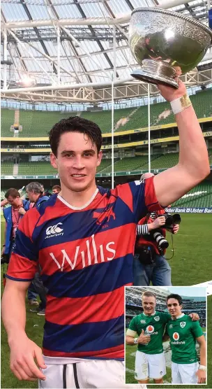  ??  ?? A year ago, Joey Carbery helped Clontarf to win the All-Ireland League against Cork Con before being part of the Ireland squad (inset with Josh van der Flier) in the historic victory over New Zealand in Chicago in November