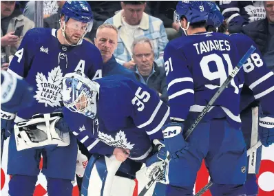  ?? STEVE RUSSELL TORONTO STAR ?? While his coach downplayed his injury, Ilya Samsonov hasn’t played since exiting Saturday’s game against Edmonton.