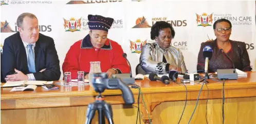  ?? Photo: Anele Mjekula ?? National Festival CEO Tony Lankester (left), Eastern Cape Arts and Culture MEC Pemmy Majodina, Arts and Culture Deputy Minister Rejoice Mabudafhas­i and Makana Municipali­ty Executive Mayor Nomhle Gaga at the National Arts Festival media launch at City Hall on Wednesday.