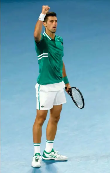  ?? Agence France-presse ?? Novak Djokovic reacts after his victory against Alexander Zverev in their Australian Open quarter-final match.