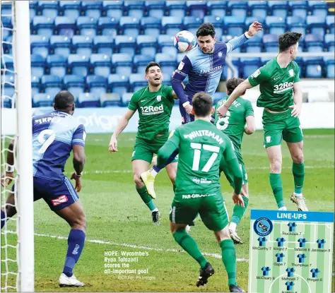  ?? PICTURE: PA Images ?? HOPE: Wycombe’s Ryan Tafazolli scores the all-important goal