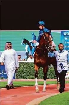  ?? Rex Features ?? Harry Bentley briefs Godolphin trainer Saeed Bin Suroor after Acolyte’s victory in his maiden run at Meydan racecourse.