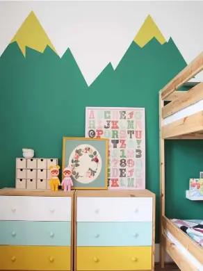  ??  ?? CHILDREN’S BEDROOM Wilko tester pots in Mint Crisp and Happy Yellow were used to liven up the chest of drawers, while alphabet wrapping paper was used to create a stunning budget artwork