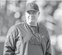  ?? Brett Coomer photos / Houston Chronicle ?? Texans general manager Brian Gaine, left, has returned to Houston with a fresh perspectiv­e after spending time with the Buffalo Bills and appears to be working in unison with coach Bill O’Brien during the offseason and ahead of the NFL draft.