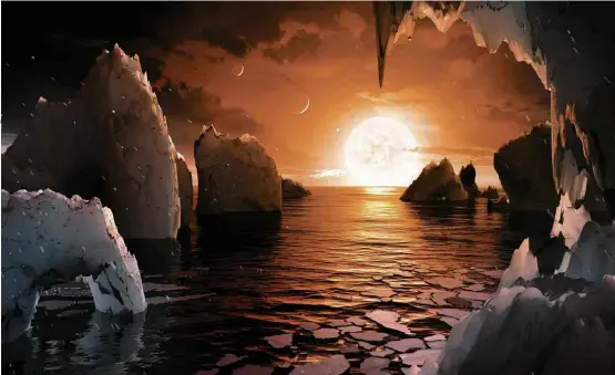  ?? Nasa/JPL-Caltech ?? Concepção artística mostra uma possível superfície com oceanos no planeta “f” do sistema Trappist-1; os sete planetas poderiam abrigar água líquida