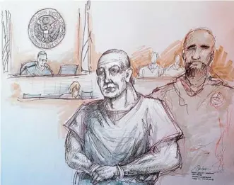  ?? DANIEL PONTET/AP ?? In this courtroom sketch, Cesar Sayoc appears in federal court in Miami on Monday.