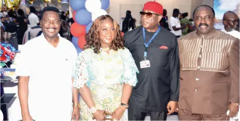  ?? ?? Mike Ozekhome ( left); Vice Chairman, Air Peace Airline, Alice Onyema; Chairman of Air Peace, Allen Onyema, and Acting Director- General of Nigeria Civil Aviation Authority, Capt. Chris Najomo, during Air Peace's Lagos- London inaugural flight ceremony, held at the New Terminal of the Murtala Muhammed Internatio­nal Airport, Lagos, at the weekend.