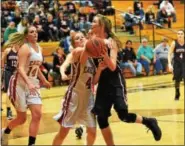  ?? AUSTIN HERTZOG — DIGITAL FIRST MEDIA ?? Boyertown’s Abby Kapp is fouled on a drive by Cumberland Valley’s Mackenzie Torresin.