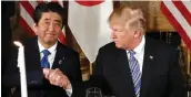  ?? — AP ?? Japanese Prime Minister Shinzo Abe and US President Donald Trump at Mr Trump’s private Mar- a- Lago club in Palm Beach, Florida, on Wednesday.