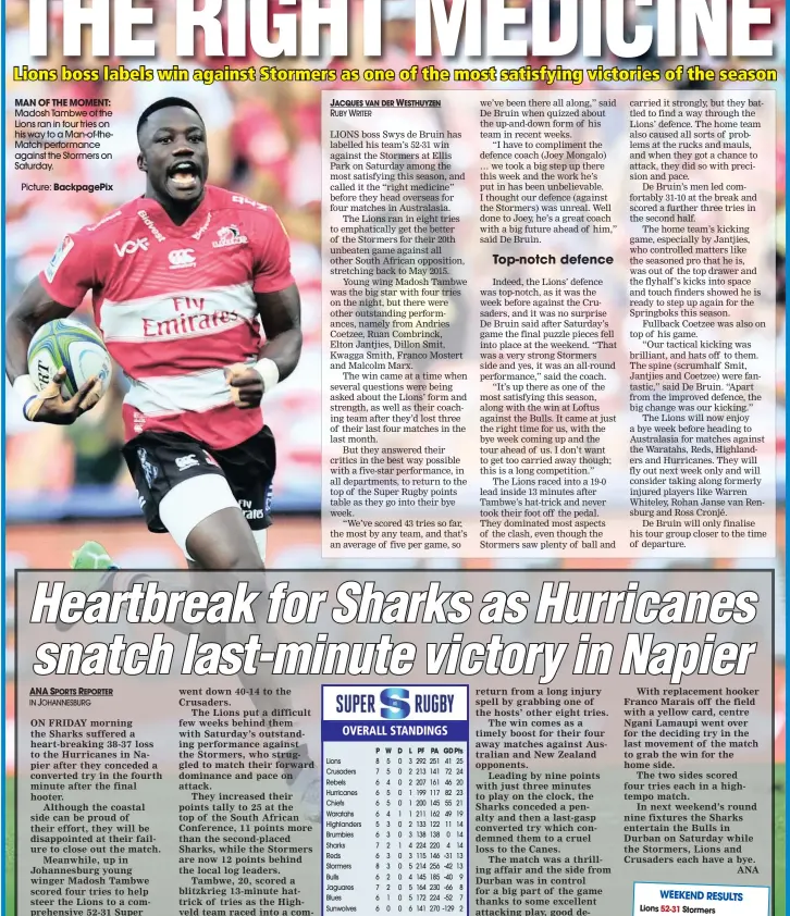  ??  ?? MAN OF THE MOMENT: Madosh Tambwe of the Lions ran in four tries on his way to a Man-of-theMatch performanc­e against the Stormers on Saturday.
Picture: BackpagePi­x
