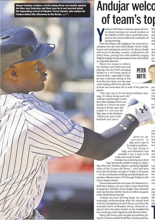  ?? GETTY ?? Miguel Andujar smokes a sixth-inning three-run double against the Blue Jays Saturday and then says he is not worried about the impending arrival of Gleyber Torres (inset), who makes his Yankee debut this afternoon in the Bronx.