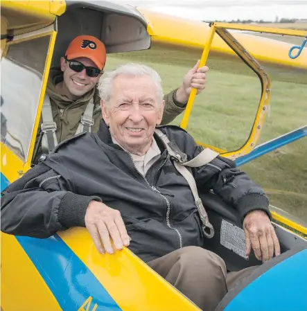  ?? MIKE DREW ?? Retired flight lieutenant Herb Spear, 93, returns to the ground after a flight in an Air Cadet glider at Netook Gliding Centre near Olds on Sunday. Despite a lengthy air force and civil aviation career, it was the first time he ever flew in a glider.