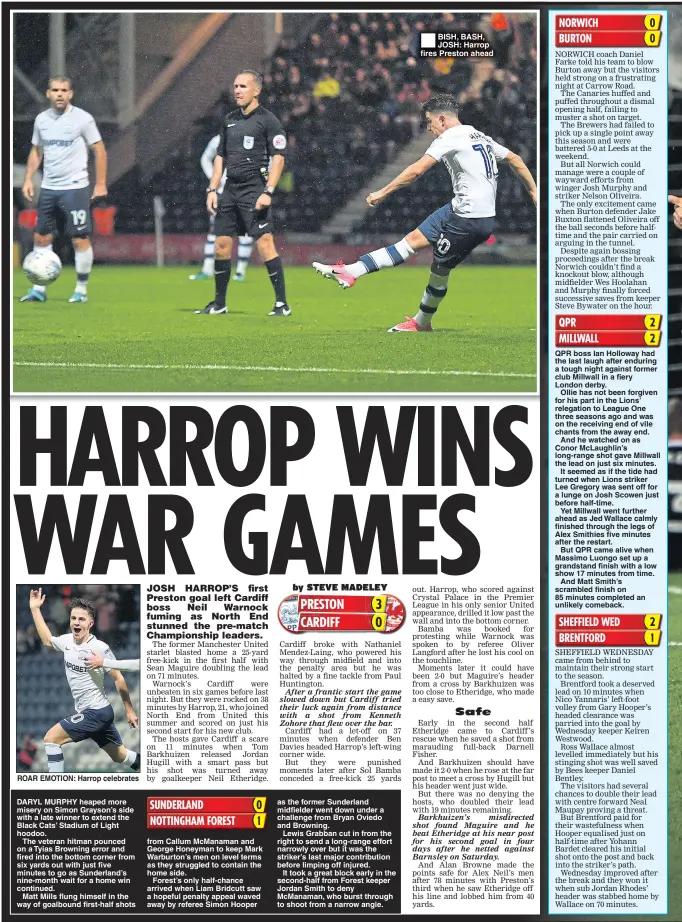  ??  ?? ROAR EMOTION: Harrop celebrates from Callum McManaman and George Honeyman to keep Mark Warburton’s men on level terms as they struggled to contain the home side.
Forest’s only half-chance arrived when Liam Bridcutt saw a hopeful penalty appeal waved...