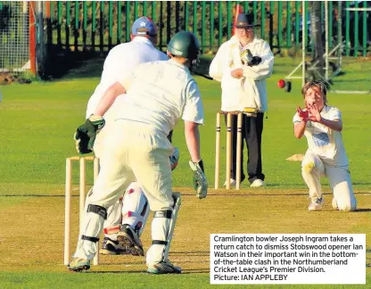  ??  ?? Cramlingto­n bowler Joseph Ingram takes a return catch to dismiss Stobswood opener Ian Watson in their important win in the bottomof-the-table clash in the Northumber­land Cricket League’s Premier Division. Picture: IAN APPLEBY