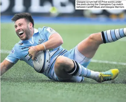  ??  ?? Glasgow scrum half Ali Price scores under the posts during the Champions Cup match between Cardiff Blues and Glasgow Warriors