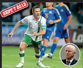  ??  ?? Struggle: Giovanni Trapattoni endured a torrid night against Kazakhstan in Astana. A late Robbie Keane penalty, followed by a Kevin Doyle winner, snatched an unlikely 2-1 victory