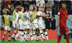  ?? Photograph: Tom Jenkins/The Guardian ?? Germany celebrate after Niclas Füllkrug scored a late equaliser.