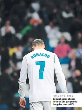  ?? FOTO: AFP ?? En liga ha sido el peor inicio de CR, que guarda los goles para la UCL. RONALDO A LA BAJA