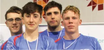  ??  ?? Swimmers Eanna O’Hara, Eoin Anderson, Ronan Anderson and Peter Mooney of the Co Sligo Swim Club Senior Men’s relay team who broke the 200m Senior Freestyle Connacht record.