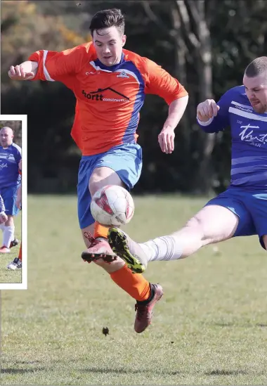  ??  ?? Co no r Cam pbell gets a to e to the ball fo r Thatch ahead o f Cho rd Celtic’s Niall Gates during Sunday’s all-Drogheda them firmly in the shake-up for promotion, but the result is a big blow for Chord’s hopes.