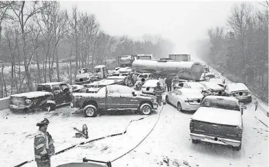  ?? ASSOCIATED PRESS ?? This image provided by the Connecticu­t State Police shows the scene of a crash involving as many as 20 vehicles on Interstate 91 in Middletown on Saturday. Up to 8 inches of snow was expected in parts of the state, but areas north could get 1 to 2 feet.