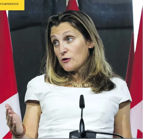  ?? JOSE LUIS MAGANA / THE ASSOCIATED PRESS ?? Foreign Affairs Minister Chrystia Freeland meets the press at the Canadian Embassy in Washington on Friday, where she danced around questions about bad faith after U.S. President Donald Trump appeared to confirm leaked remarks that he was unwilling to compromise on trade issues.
