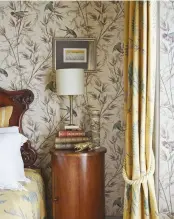  ??  ?? TOP In the guest bedroom, the 19th- century French bed from Brightwell­s is a perfect accompanim­ent to the antique gold damask walls. The bed and matching marble-topped cabinet are painted in a pale sage green with lightly gilded mouldings ABOVE The...