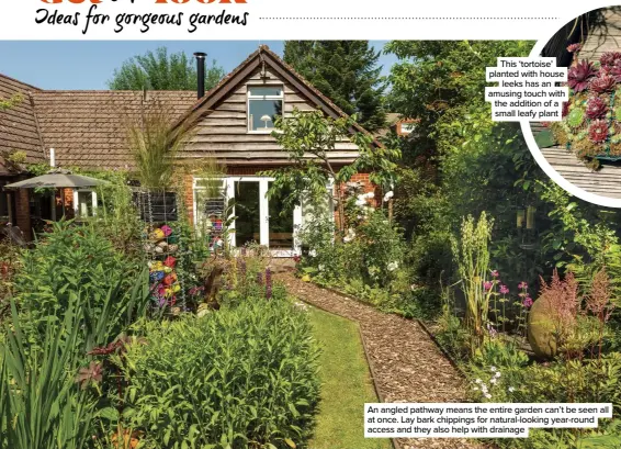  ??  ?? An angled pathway means the entire garden can’t be seen all at once. Lay bark chippings for natural-looking year-round access and they also help with drainage