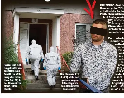  ?? ?? Polizei und Rettungskr­äfte verschafft­en sich Zutritt zur Wohnung der toten Nina Z. (†35) in der Chemnitzer Marie-TilchStraß­e.
Der Slowake Erik J. (29) steht seit gestern wegen Totschlags vor dem Chemnitzer Landgerich­t.