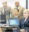  ?? LANNIS WATERS/AP ?? Former Palm Beach Gardens Police Officer Nouman Raja sits with his defense team as Circuit Judge Joseph Marx addresses a report of a demonstrat­ion outside of the courthouse.