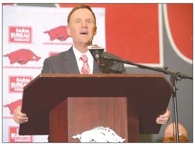  ?? File Photo/NWA Democrat-Gazette/ANDY SHUPE ?? Arkansas Razorbacks football coach Chad Morris speaks Dec. 7 during a news conference in Fayettevil­le after being hired to replace Bret Bielema.