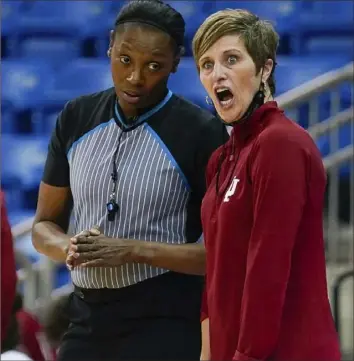  ?? Associated Press ?? Indiana wiomen’s coach Teri Moren reacts to a call Saturday in the No. 4-ranked Hoosiers game against Quinnipiac in Hamden, Conn.