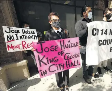  ?? Al Seib Los Angeles Times ?? CECELIA RODRIGUEZ, left, at a news conference on June 30 where community leaders and residents of City Council District 14 called on Jose Huizar to step down. Details have emerged in the case against Huizar.