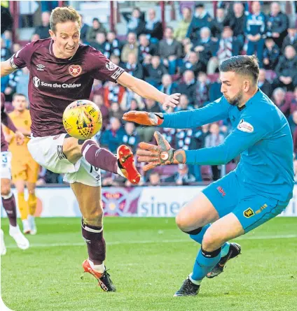  ??  ?? Hearts Steven MacLean fails to get the better of Livingston keeper Liam Kelly