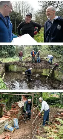  ??  ?? Volunteers Bob Dawson, Mick Hedges and John Cannell discuss what to do next (top). John Wileman clears the reservoir helped by Martin Brown, Bob Dawson, Richard Barklem, Roger Branscomb and Glyn Baker (centre). The late Len Dewell and now retired...