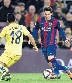  ?? AFP ?? Barcelona’s Lionel Messi vies with Villarreal’s Jaume Costa.