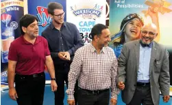  ?? PICTURE: TRACEY ADAMS/AFRICAN NEWS AGENCY/ANA ?? PARTNERS: Cape Town Big Walk sponsorshi­p and marketing director Elias Parker, Wholesome Bread finance manager Ryan van Wyk, Quality Beverages (Jive) chief executive Sharief Parker and Cape Argus editor Aziz Hartley.