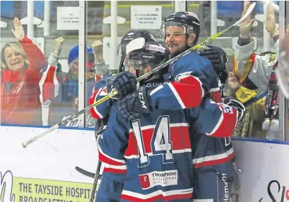  ?? Picture: Derek Black. ?? Stars celebrate after scoring in their win over Belfast at Dundee Ice Arena on Saturday.