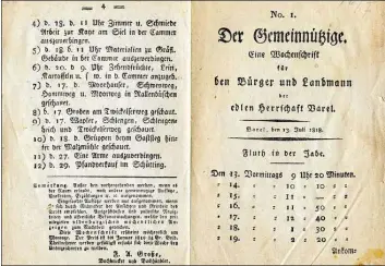  ?? BILD: ARCHIV ?? So sah die erste Ausgabe des „Gemeinnütz­igen” vor 200 Jahren aus.